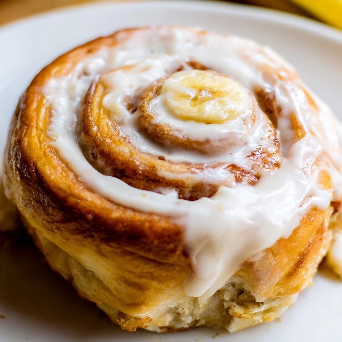Close-up of warm banana cinnamon rolls with glossy glaze and sliced banana filling visible