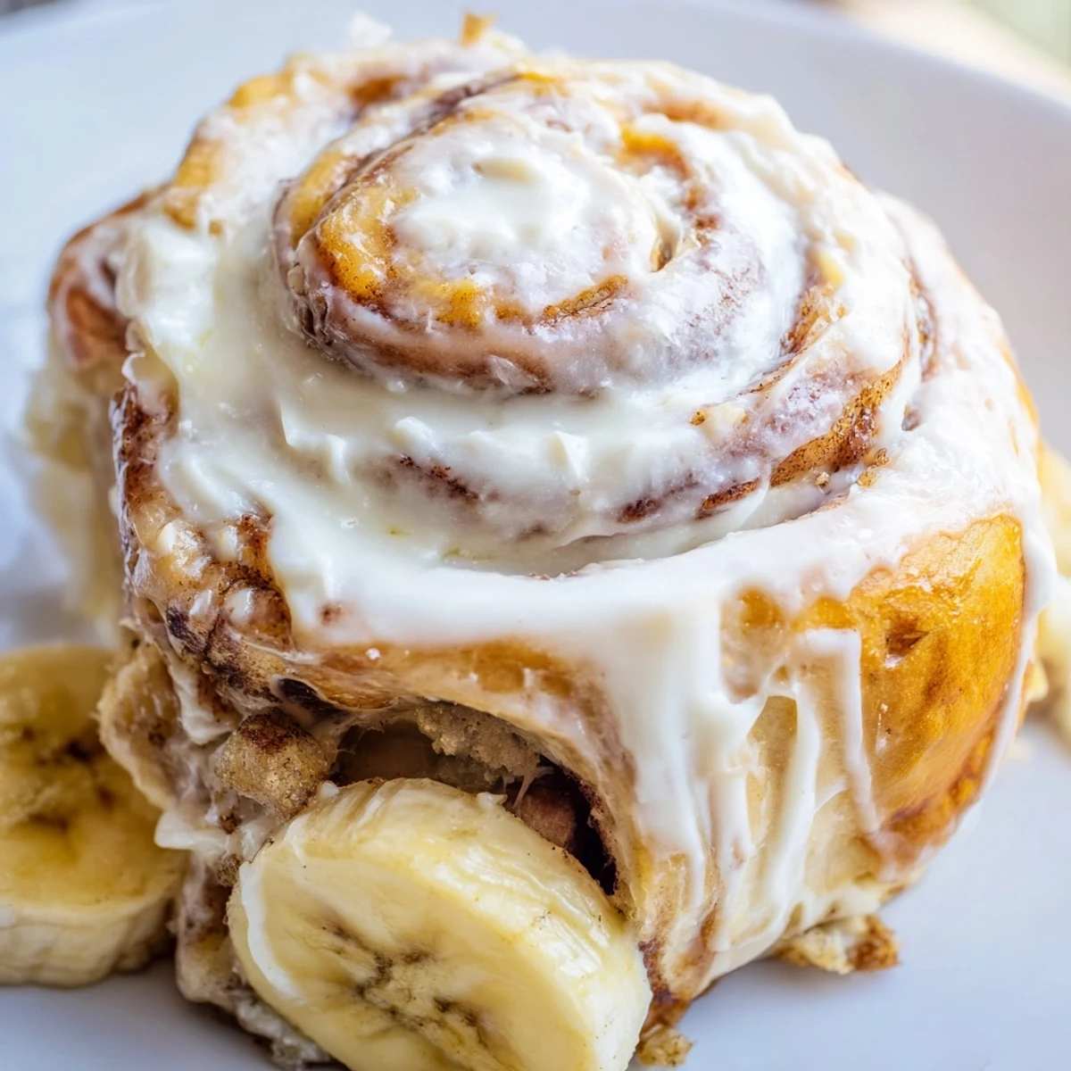 Soft banana cinnamon rolls topped with sweet cream cheese frosting on a white serving plate