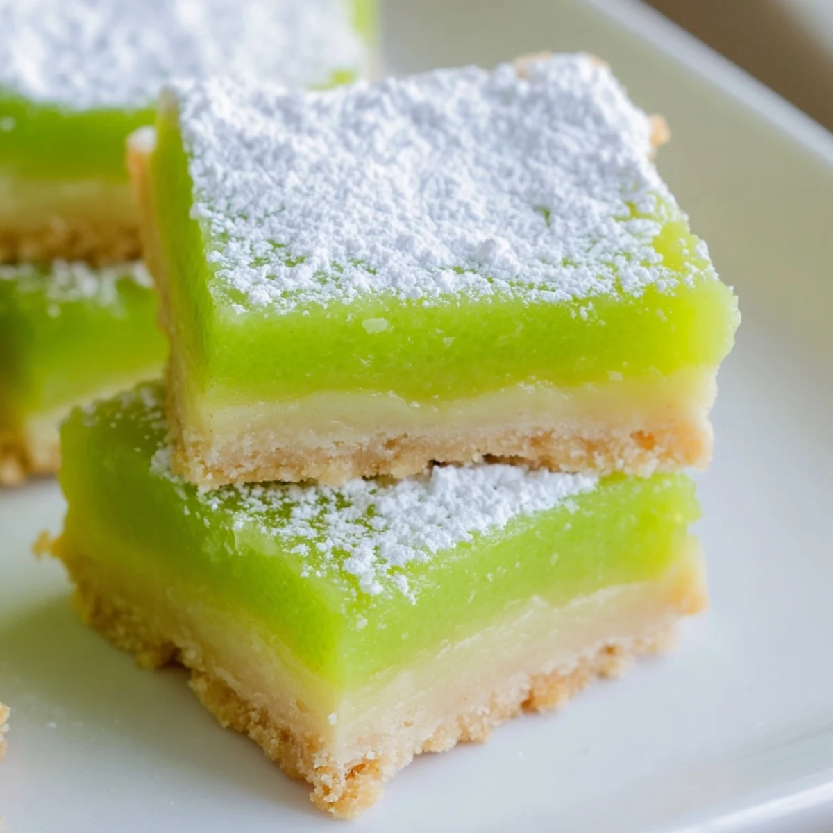 Golden zesty lime citrus bars with powdered sugar dusting on a white serving plate