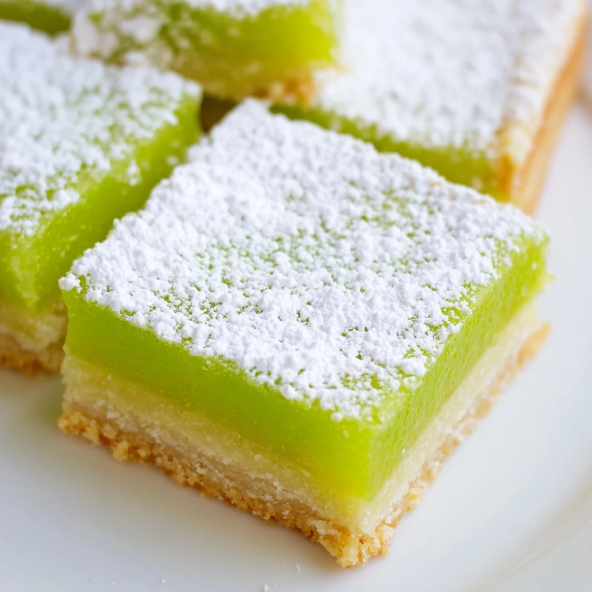 Buttery shortbread crust topped with bright green lime filling cut into neat rectangular squares