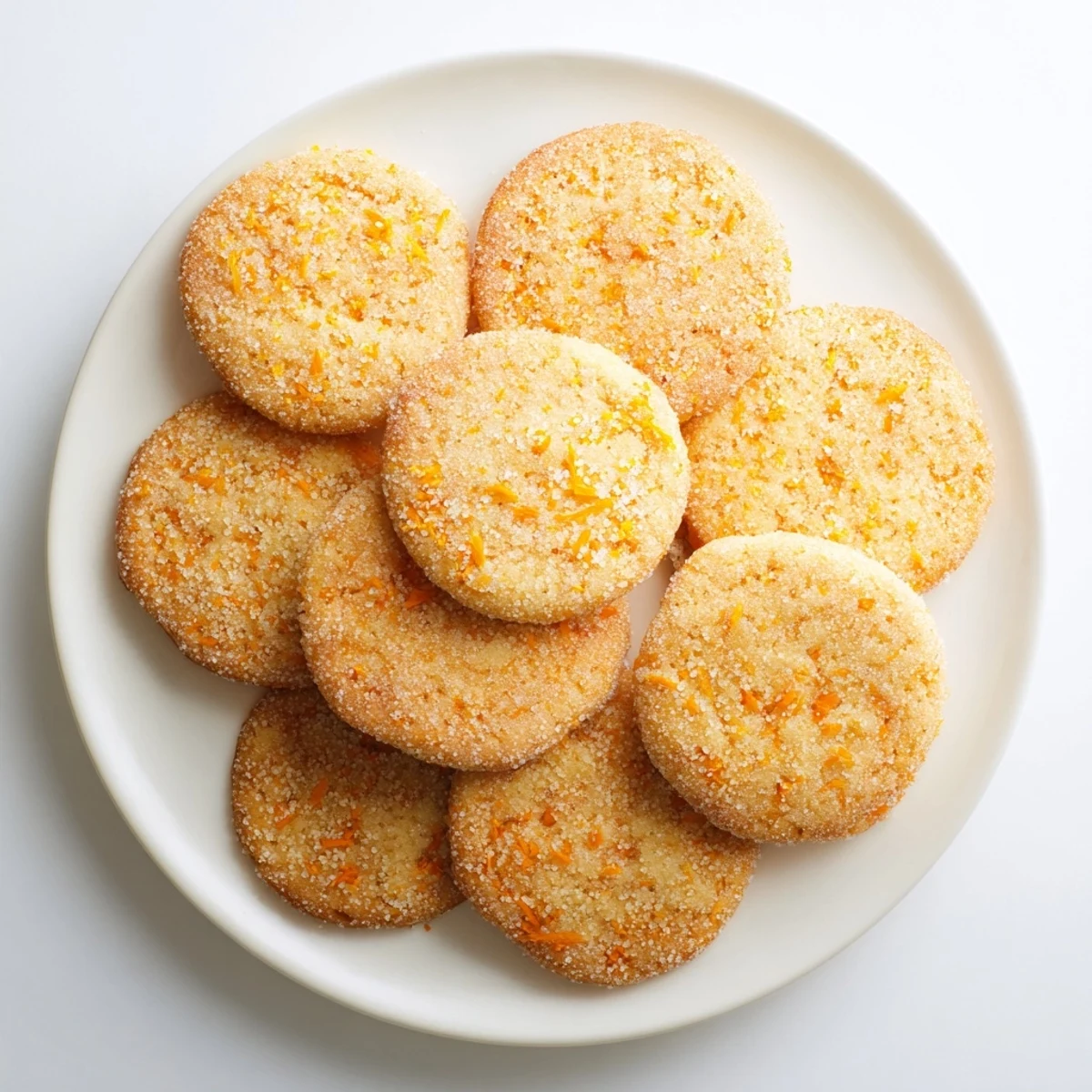 Golden orange sugar zest cookies topped with sparkling sugar on a white serving plate