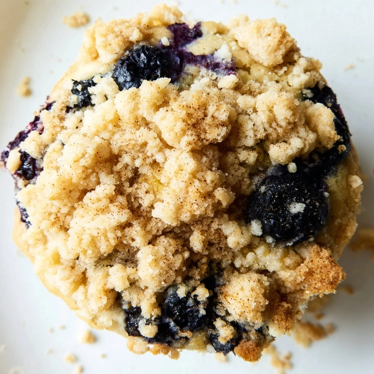 Golden blueberry muffin cookies topped with buttery cinnamon streusel on a white plate