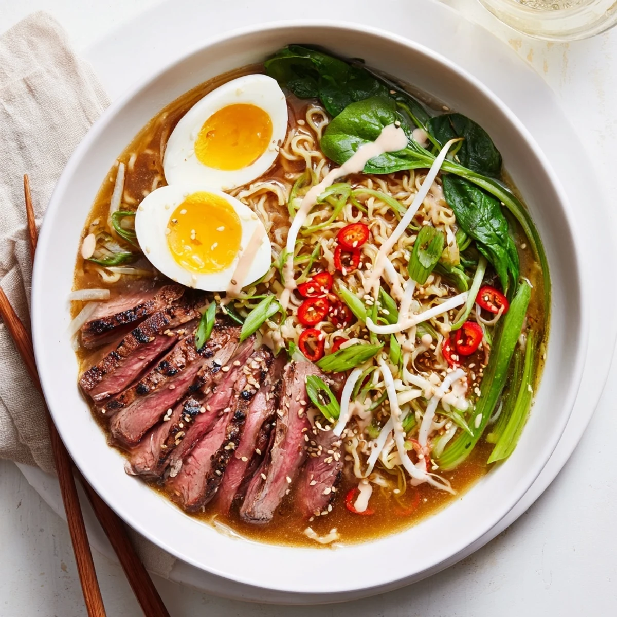 Steaming bowl of spicy beef ramen with creamy garlic sauce, soft-boiled eggs, and fresh green onions.