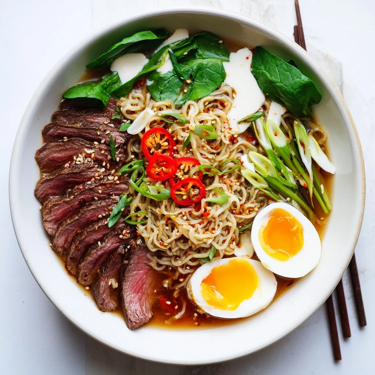 Rich Japanese fusion ramen featuring tender spicy beef slices in a creamy garlic broth with sesame seeds.