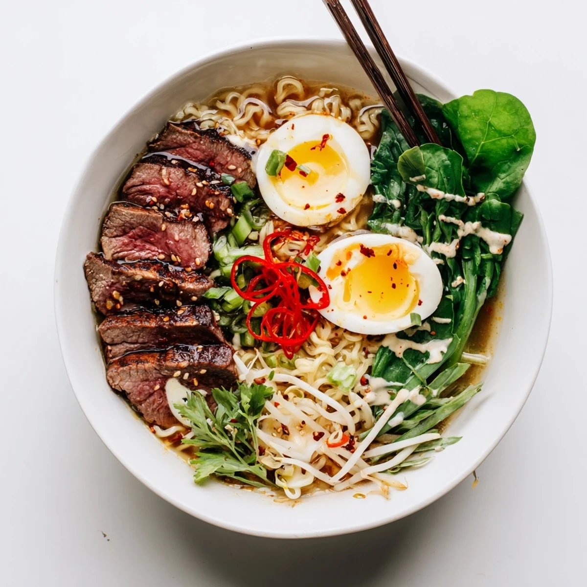 Comforting noodle soup with marinated beef, silky garlic cream sauce, and vibrant toppings served piping hot.