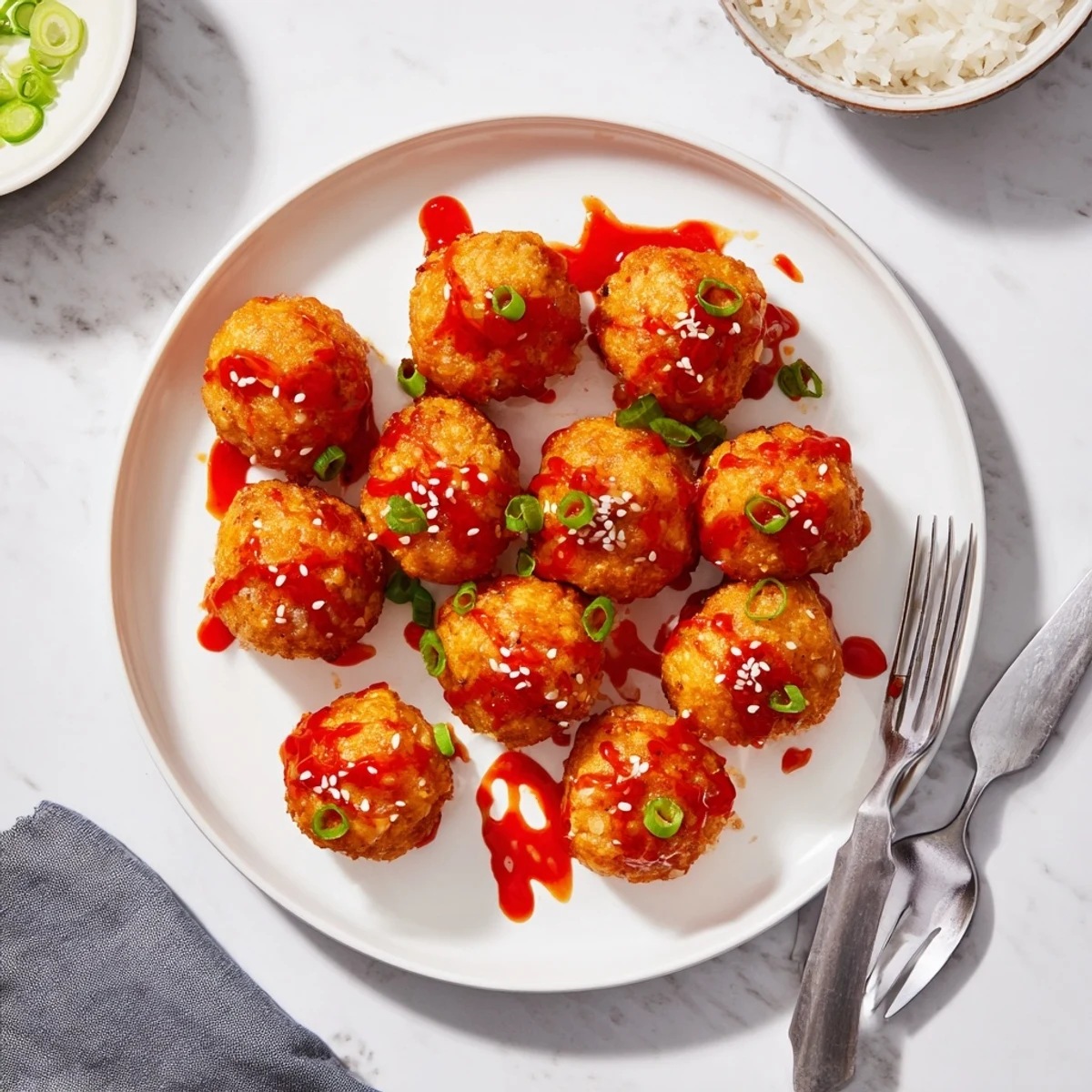 Golden sweet chili tofu balls glistening with sticky red sauce and sprinkled with fresh scallions