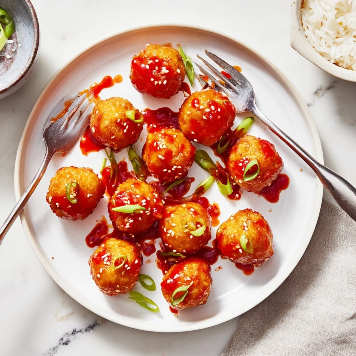 Crispy baked tofu balls coated in tangy sweet chili glaze topped with toasted sesame seeds