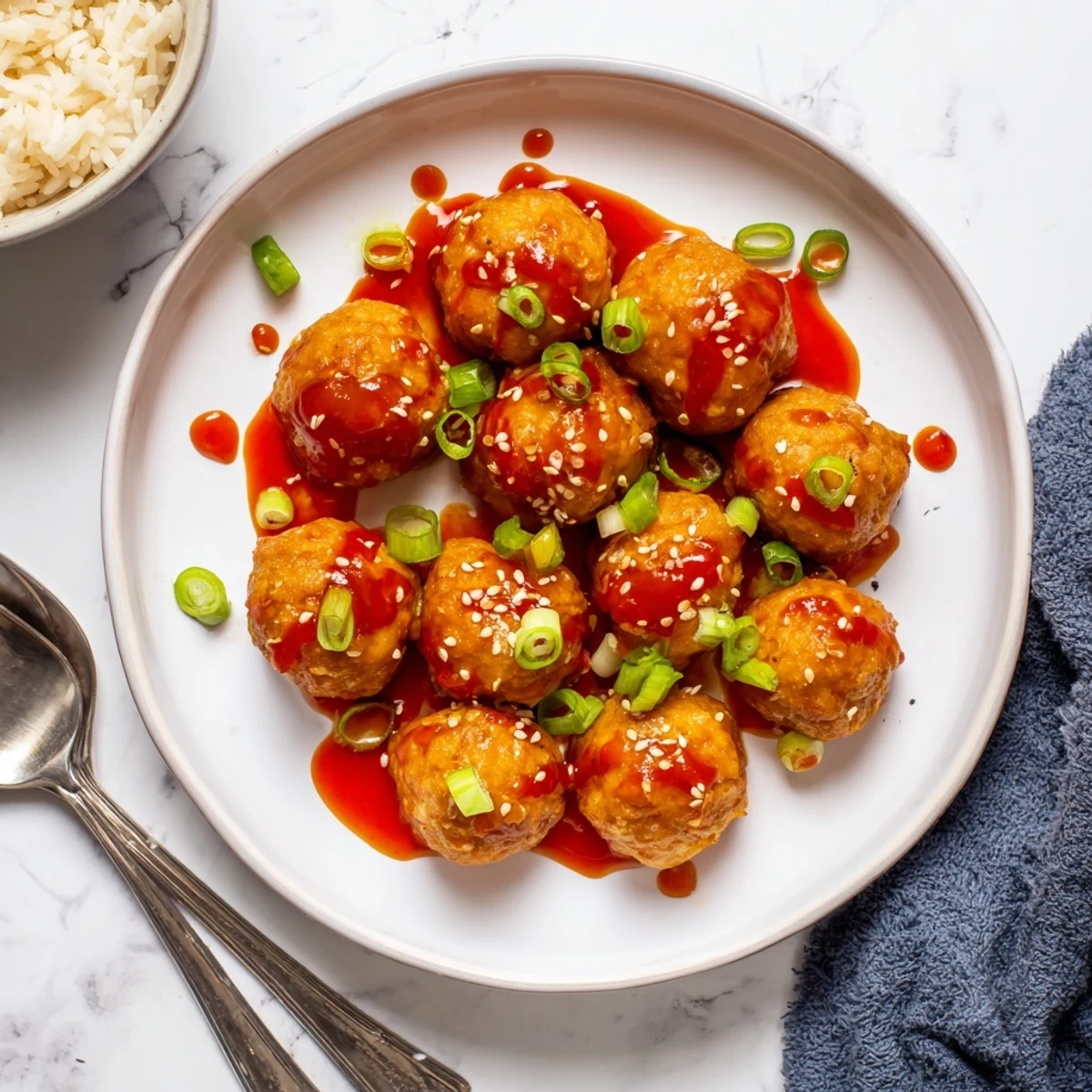 Plate of vegan sweet chili tofu balls served over steamed white rice with garnish