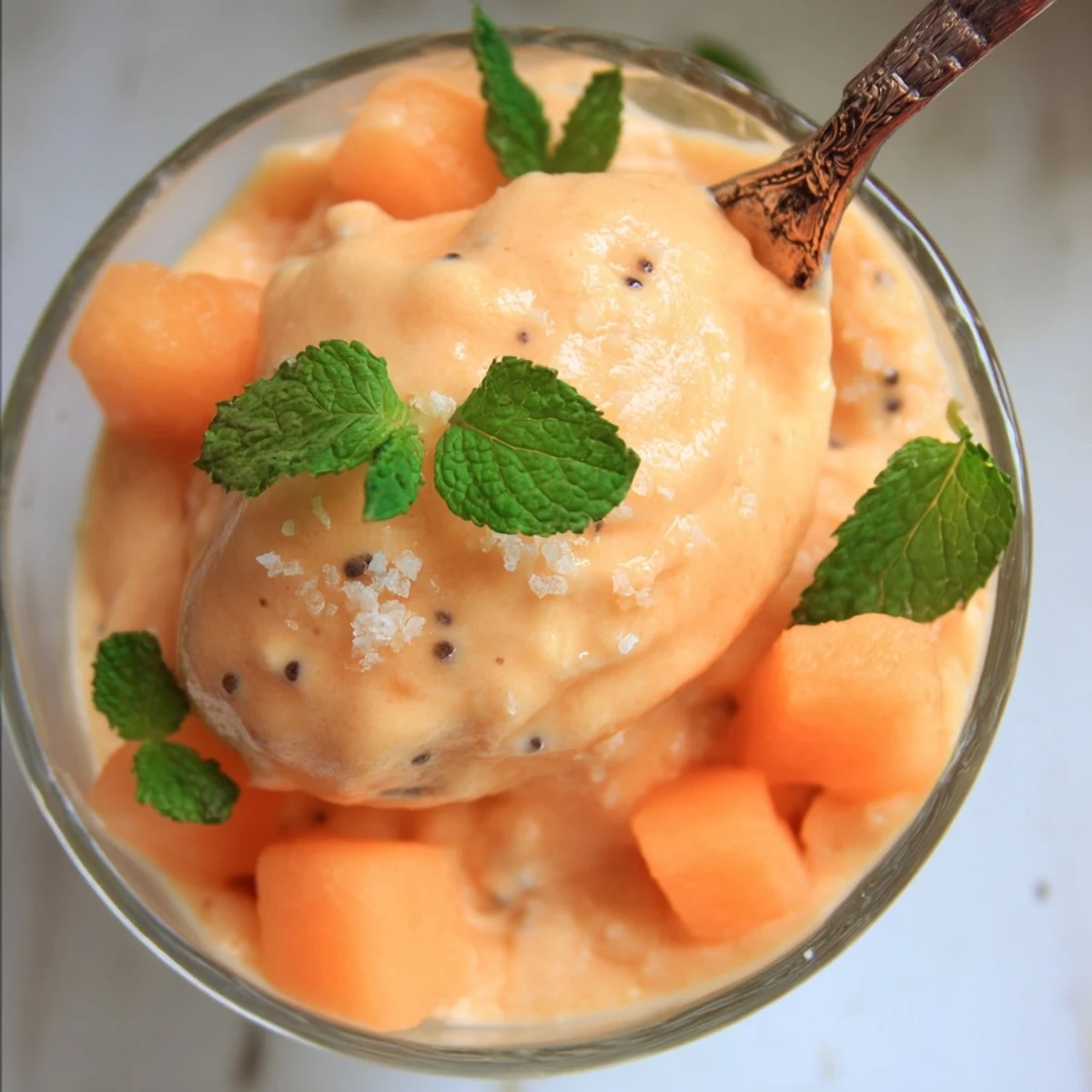 Light orange cantaloupe sea salt cream served in chilled glass bowls with fresh fruit topping