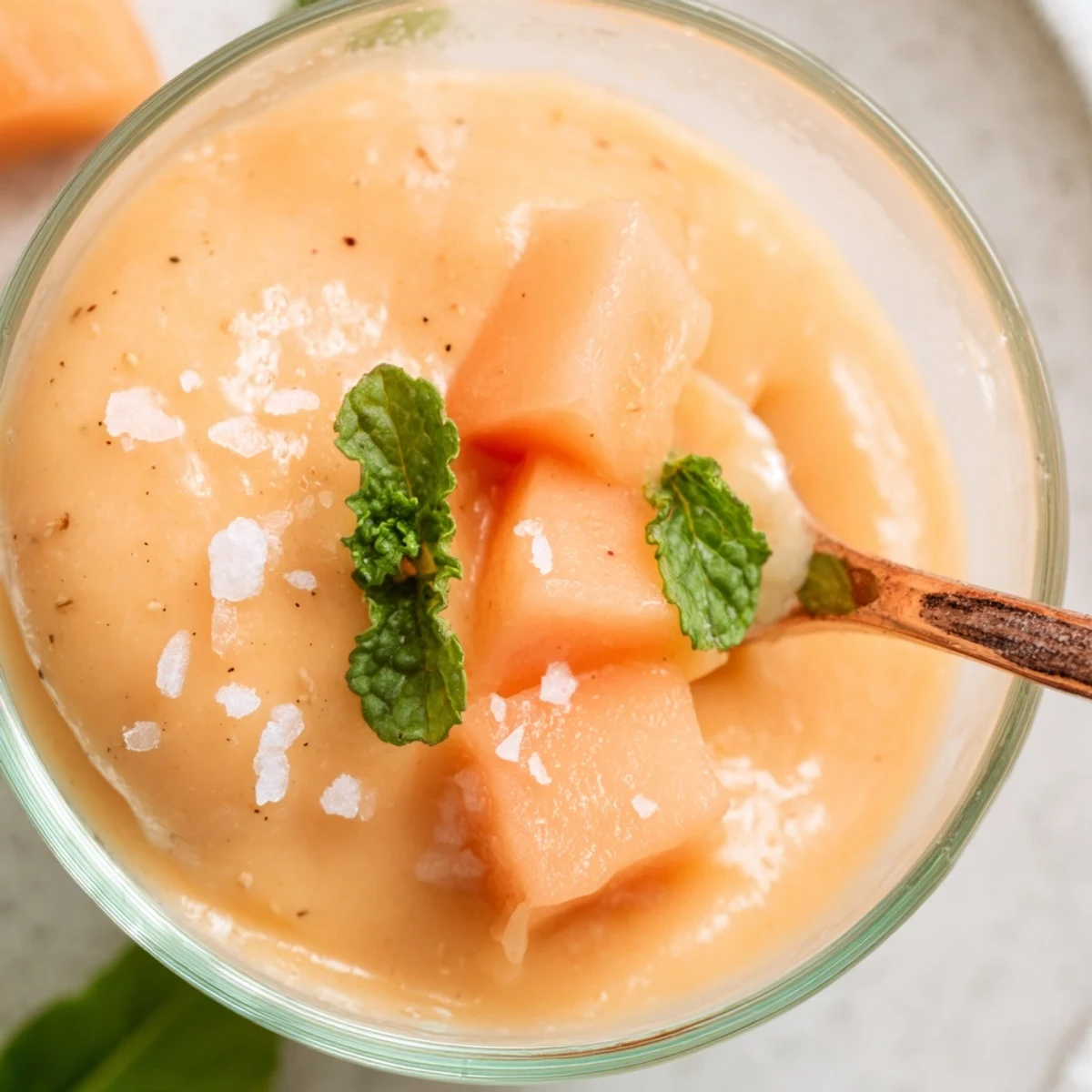 Creamy cantaloupe sea salt cream dessert garnished with fresh mint and flaky sea salt