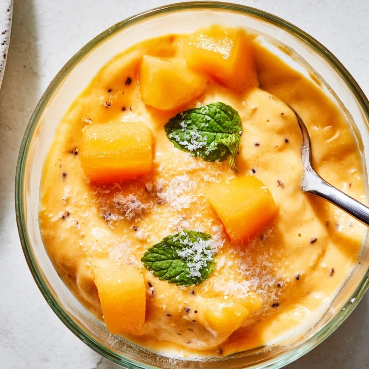 Velvety smooth cantaloupe sea salt cream topped with mint leaves and crunchy salt crystals