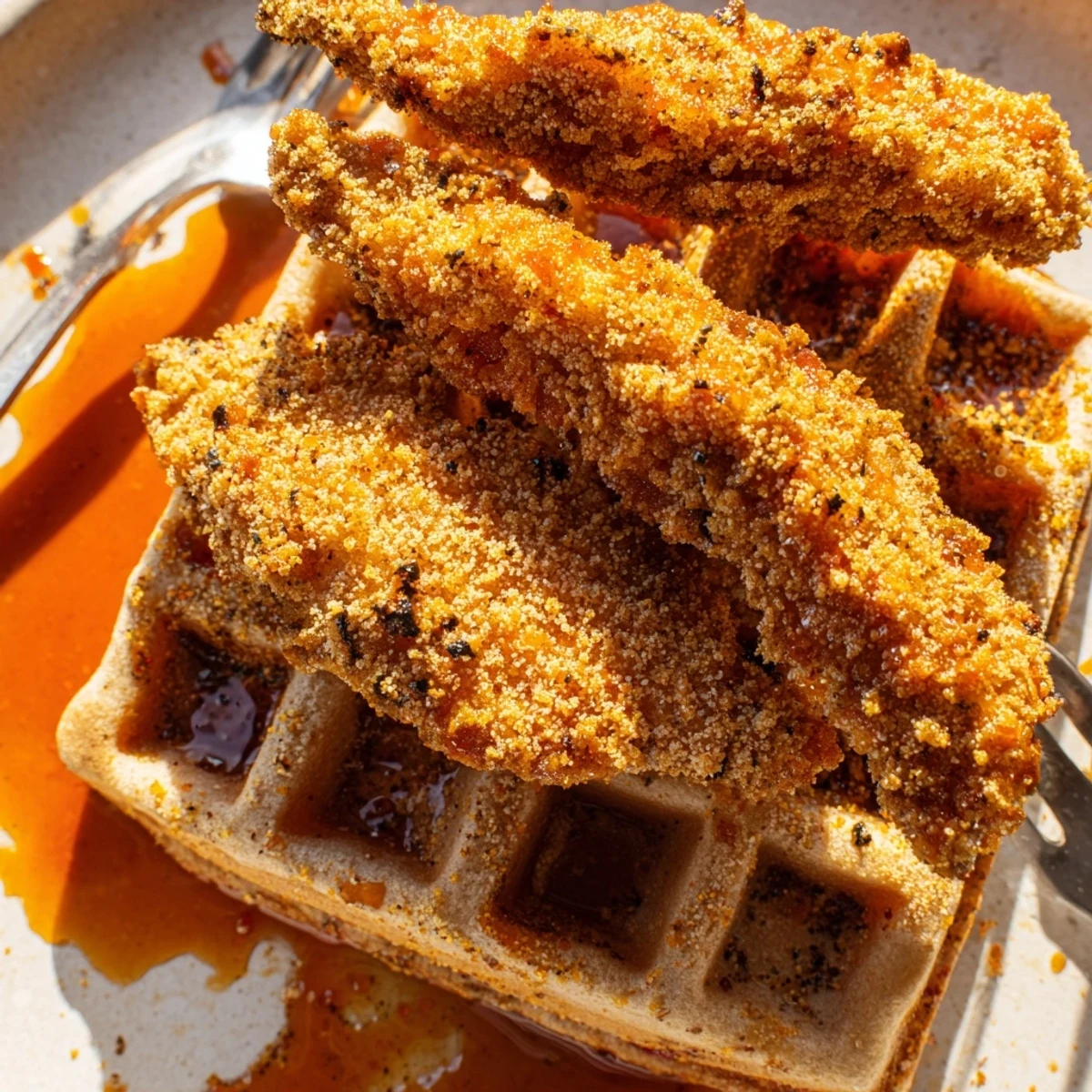 Plant-based chicken and waffles featuring breaded oyster mushrooms over golden waffles perfect for Juneteenth brunch