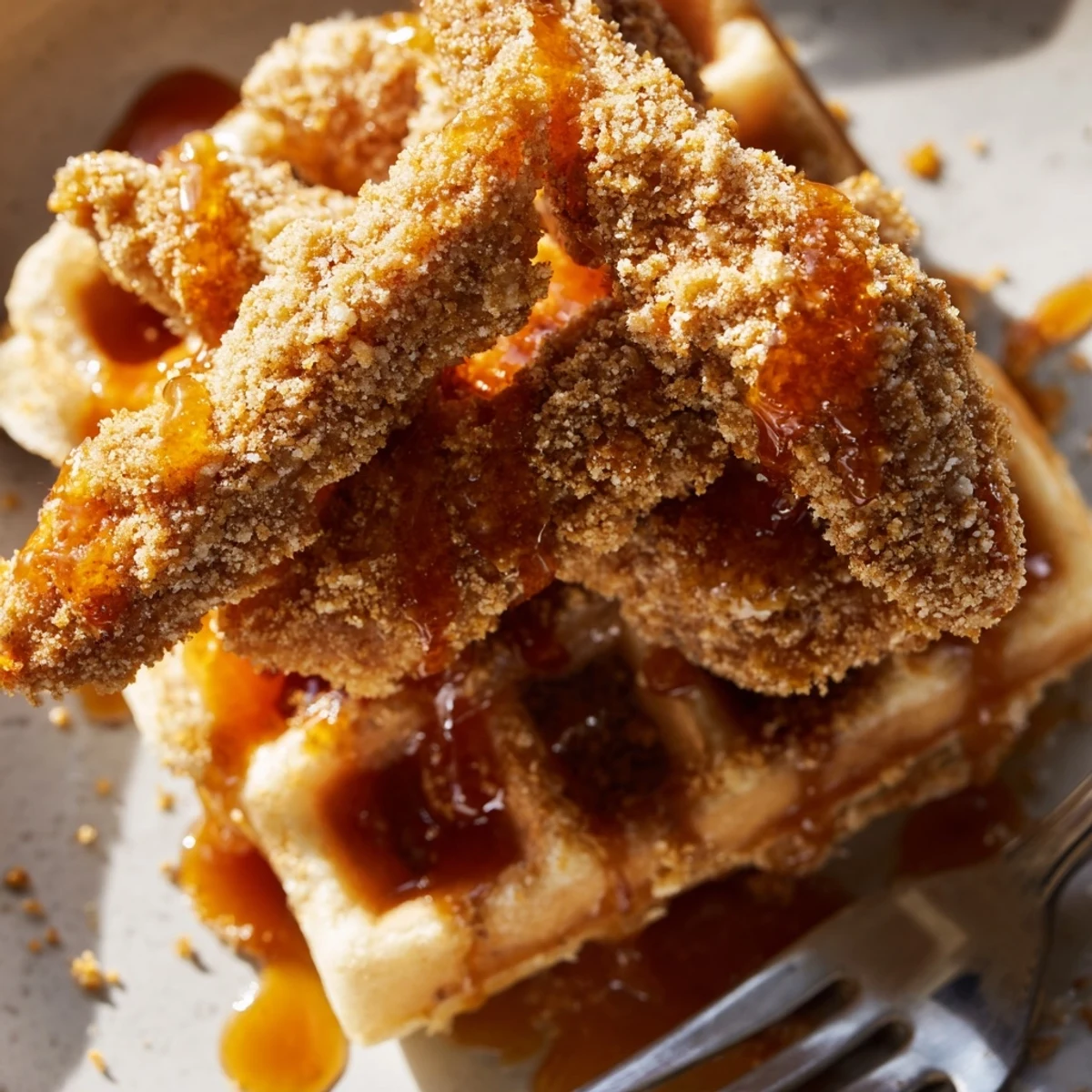 Golden crispy vegan chicken strips stacked atop fluffy homemade waffles drizzled with maple hot sauce