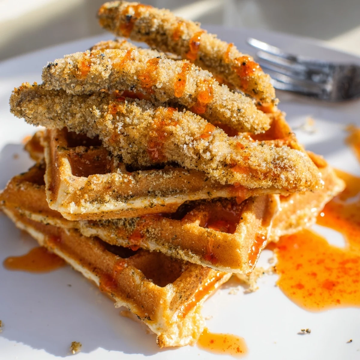 Crispy fried mushroom chicken resting on warm waffles topped with sweet spicy maple syrup drizzle