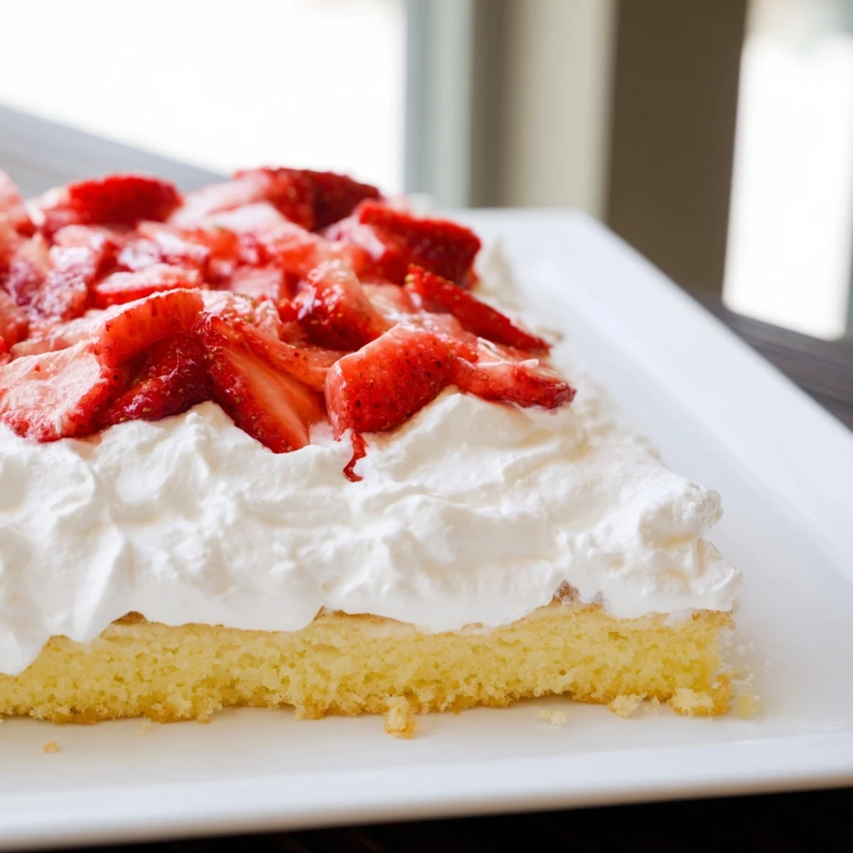 Rustic strawberry shortcake sheet cake square slice revealing tender sponge layers with sweet cream and juicy strawberries