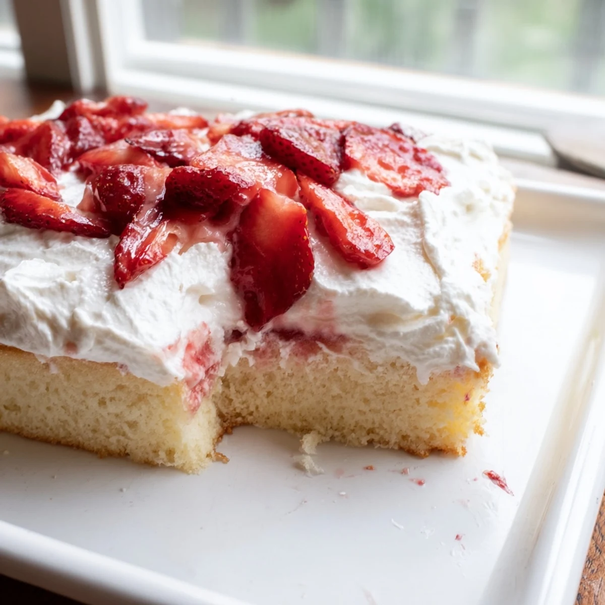 Golden vanilla strawberry shortcake sheet cake topped with fluffy whipped cream and macerated red berries