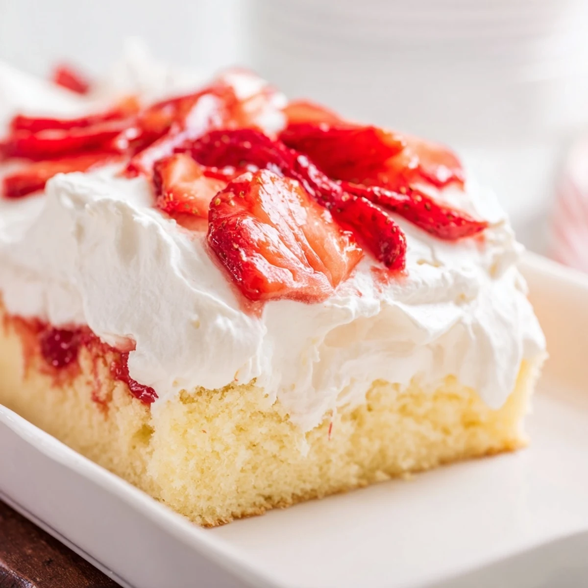Family-style strawberry shortcake sheet cake swimming in vanilla whipped frosting and fresh sugared strawberry topping