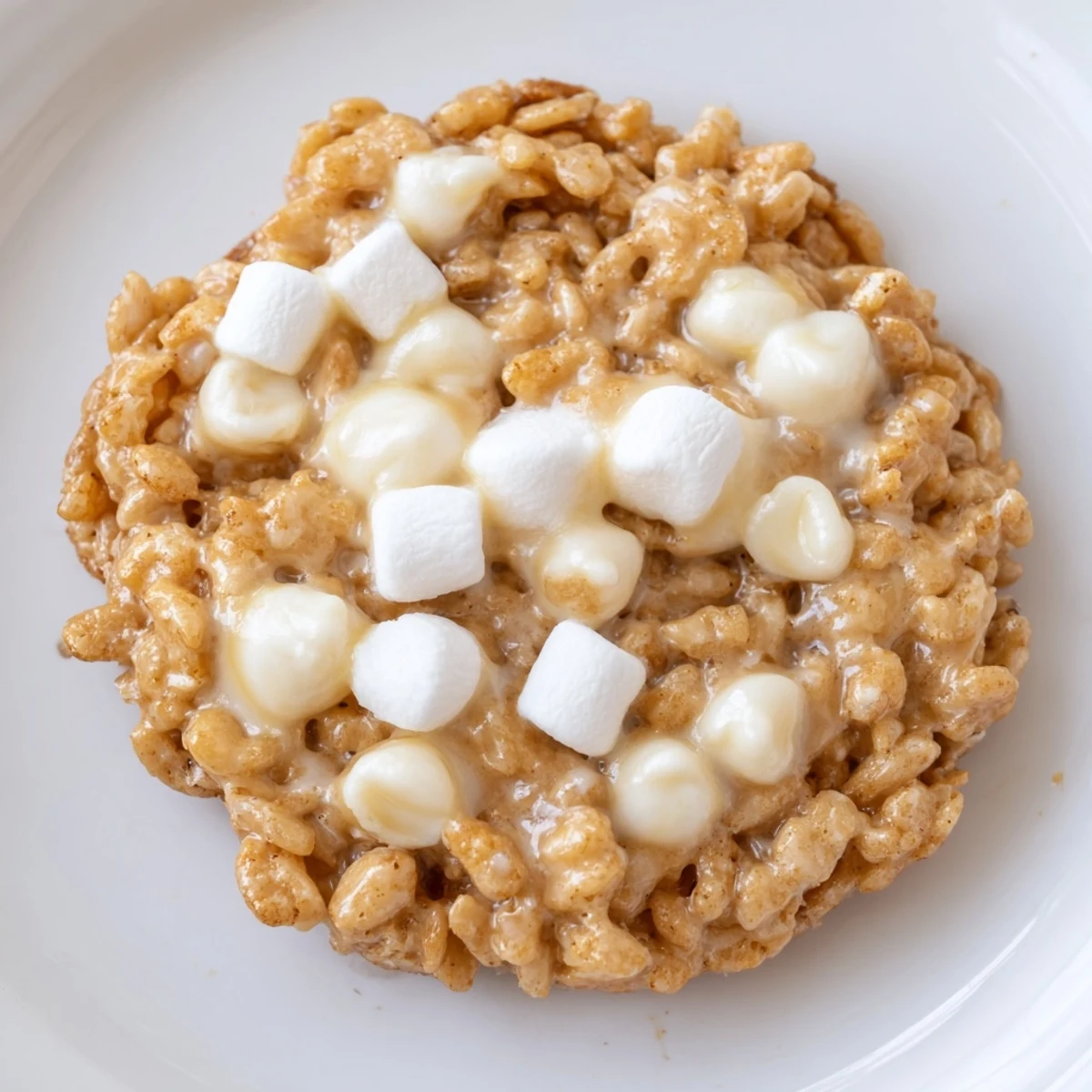 Golden bakery-style Marshmallow Crispy Cookies with melted marshmallows and crispy rice cereal on a wooden board
