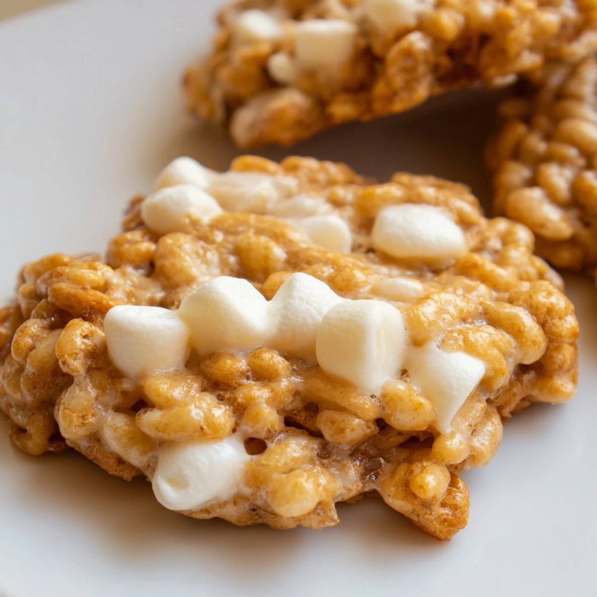 Freshly baked Marshmallow Crispy Cookies stacked on a plate with gooey white chocolate chips visible