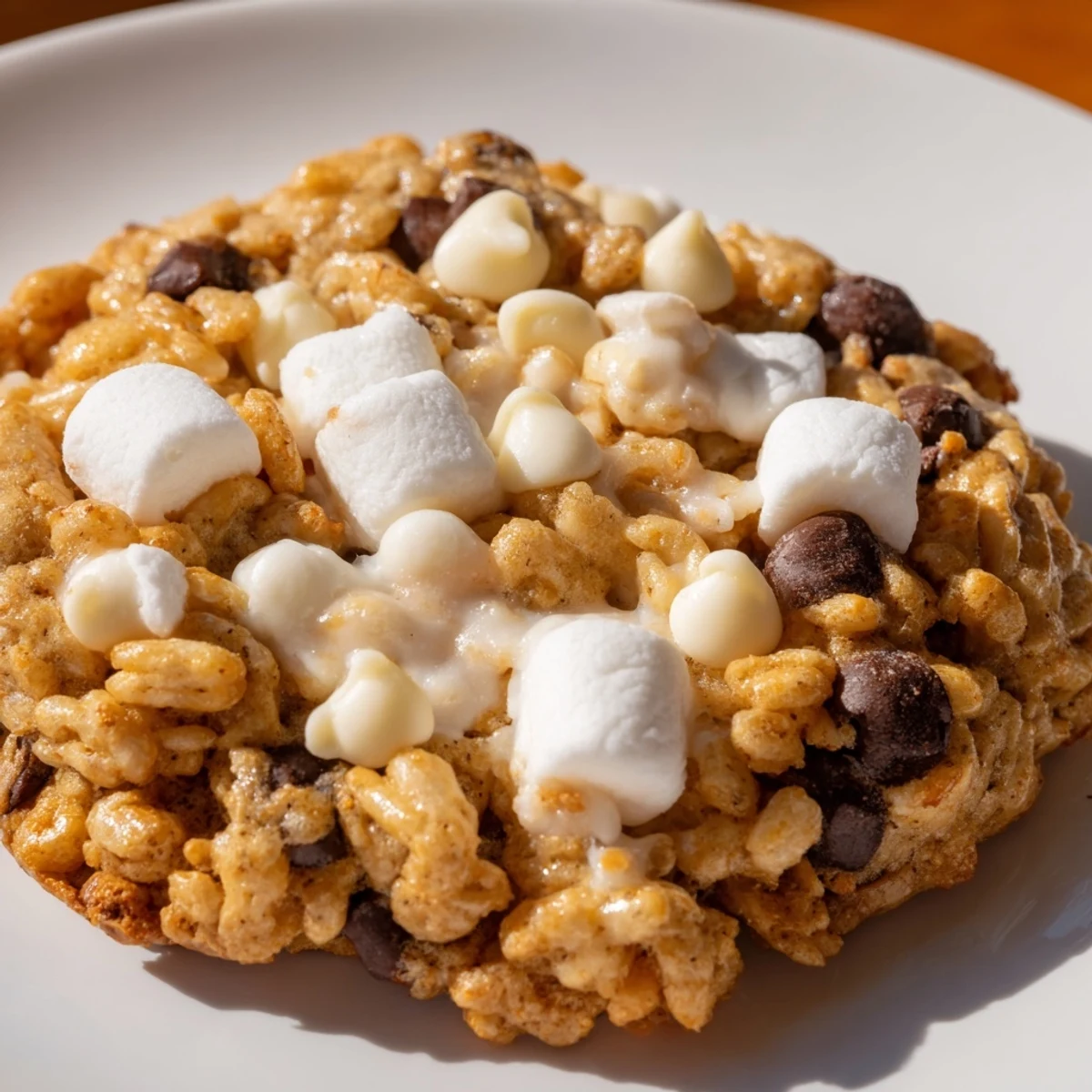 Warm Marshmallow Crispy Cookies showing golden edges and fluffy marshmallow pieces on a baking sheet