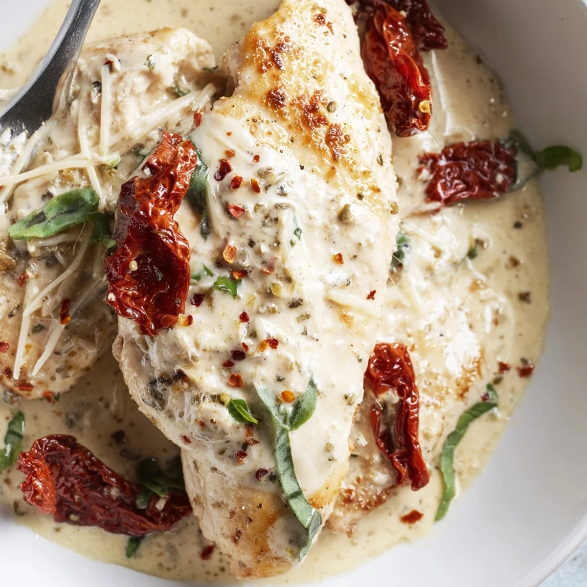 Creamy Marry Me Chicken simmering in sun-dried tomato sauce, basil garnish.