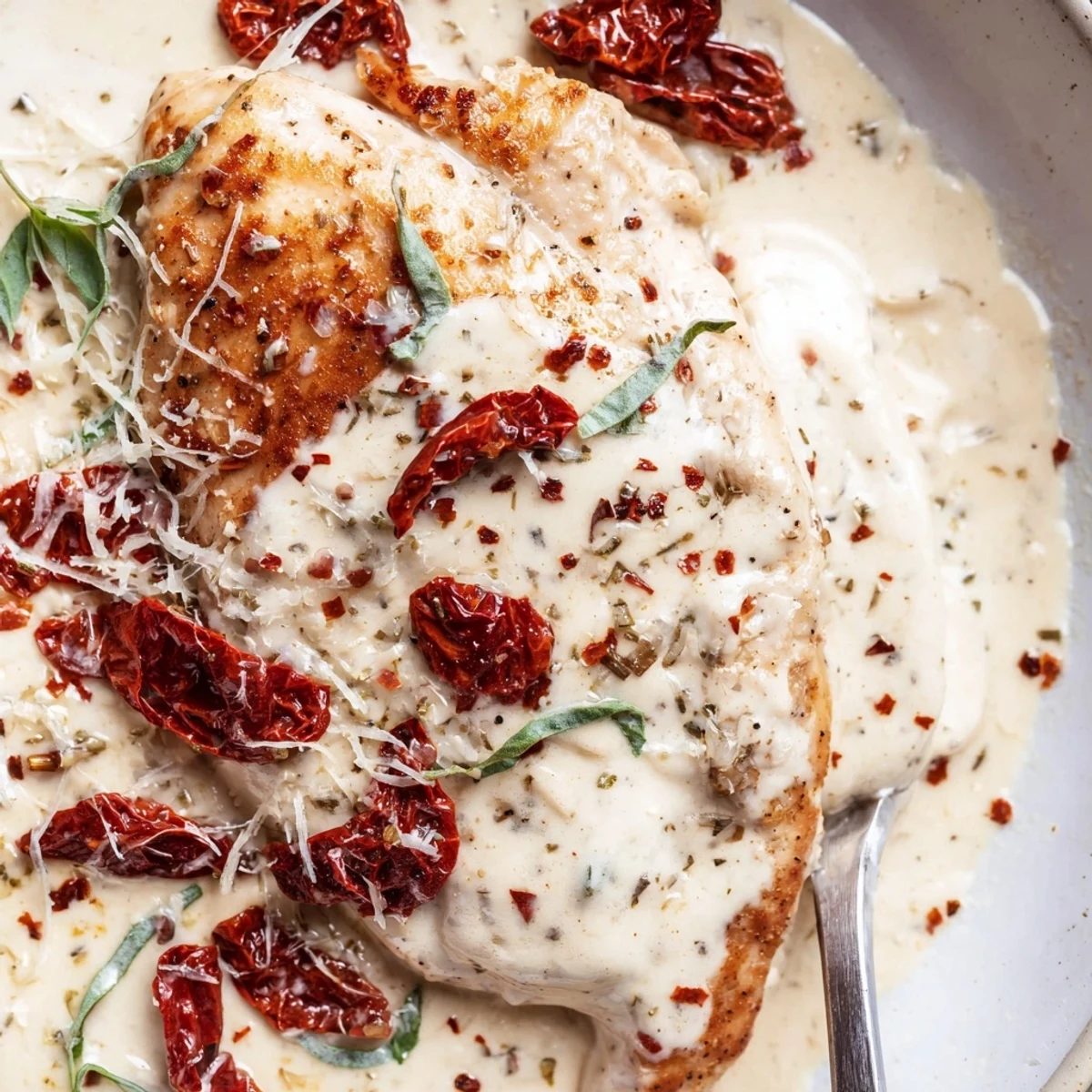 Skillet-seared Marry Me Chicken with fragrant garlic cream sauce over pasta.