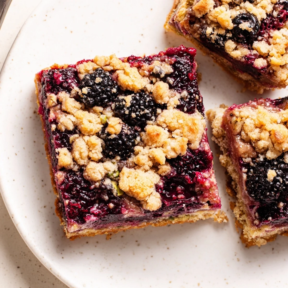 Freshly cut Blackberry Pistachio Bars on parchment, nutty shortbread base