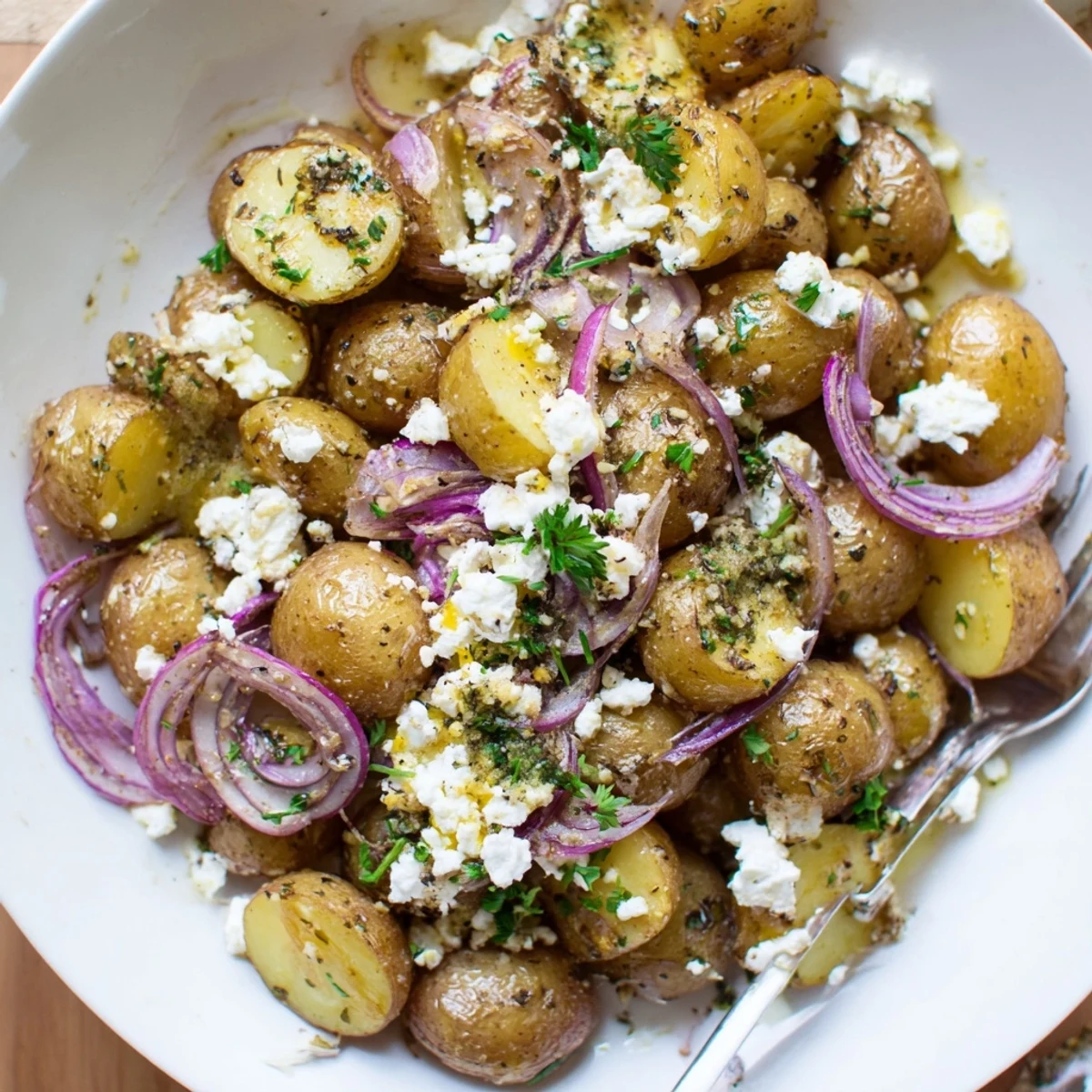Golden roasted baby potatoes topped with melted feta in Baked Feta Potatoes