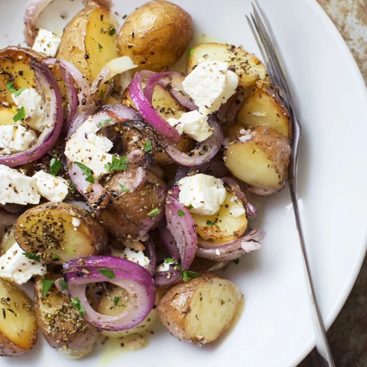 Creamy, tangy Baked Feta Potatoes steaming beside lemon zest and chopped parsley