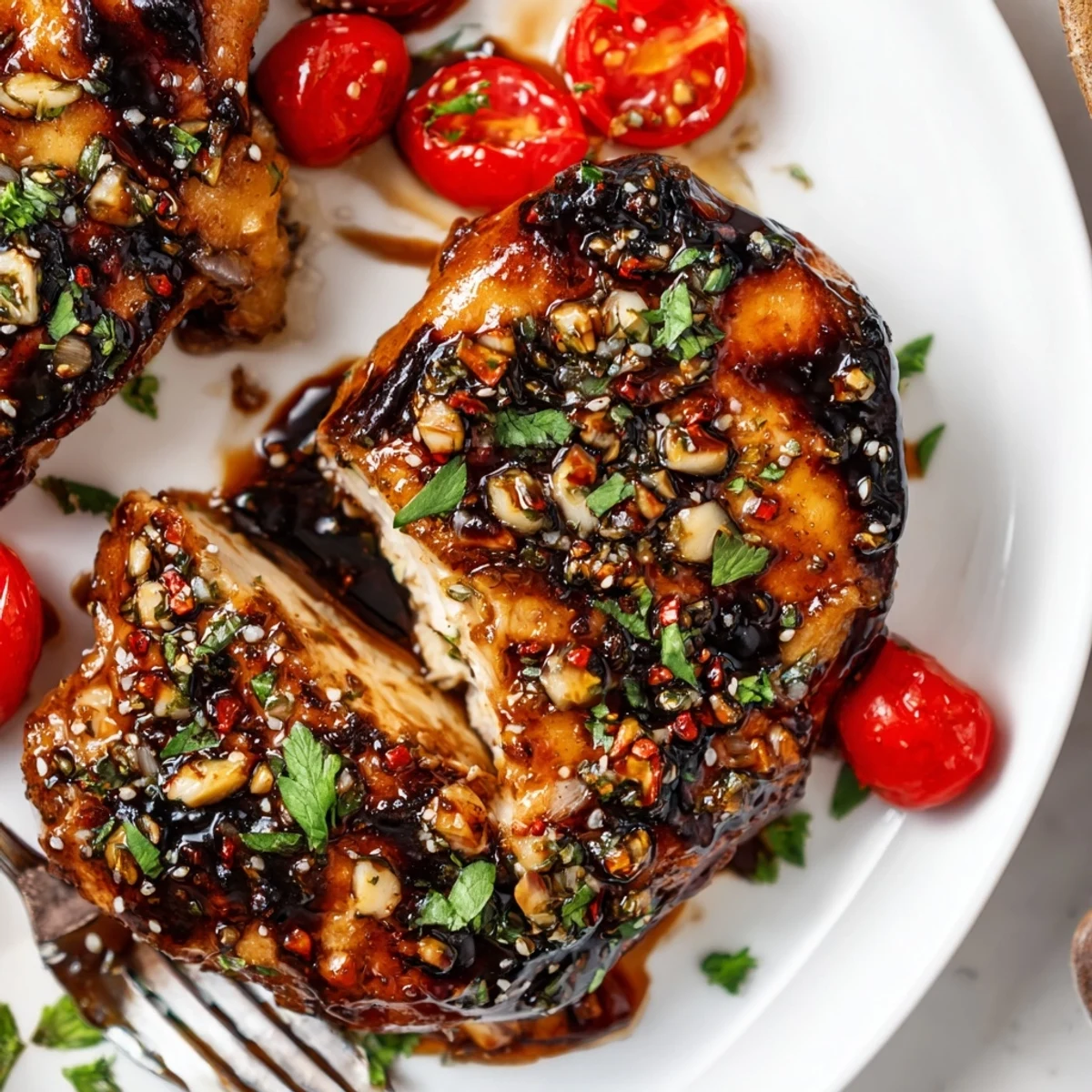 Balsamic Baked Chicken Breast glistening with caramelized glaze, garnished with parsley