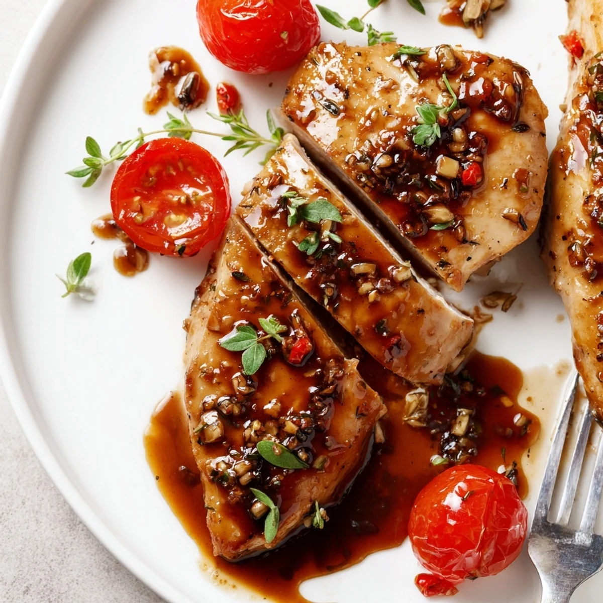 In a warm baking dish, Balsamic Baked Chicken Breast glistens with caramelized edges