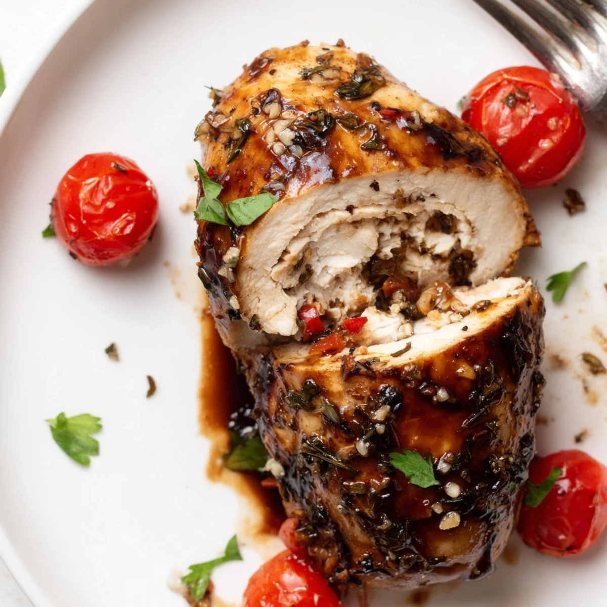 Sliced on a platter, Balsamic Baked Chicken Breast served with roasted vegetables