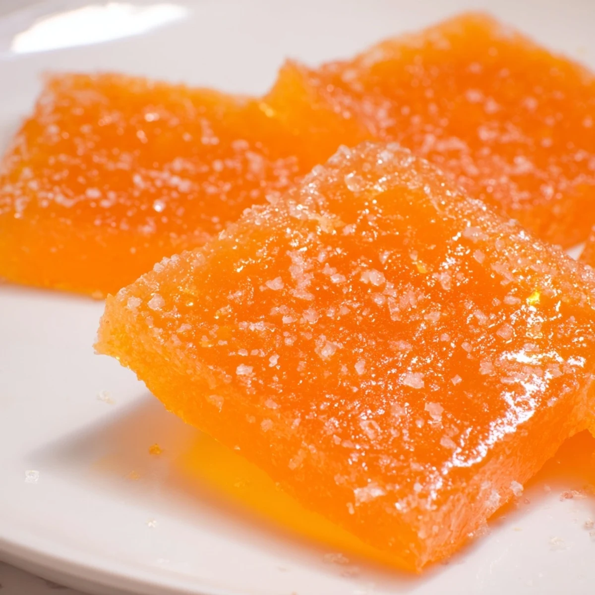 Close-up of Classic Homemade Orange Candy Recipe squares glistening with sugar