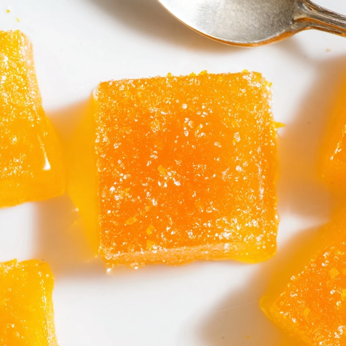 Bright small squares from Classic Homemade Orange Candy Recipe cooling on parchment