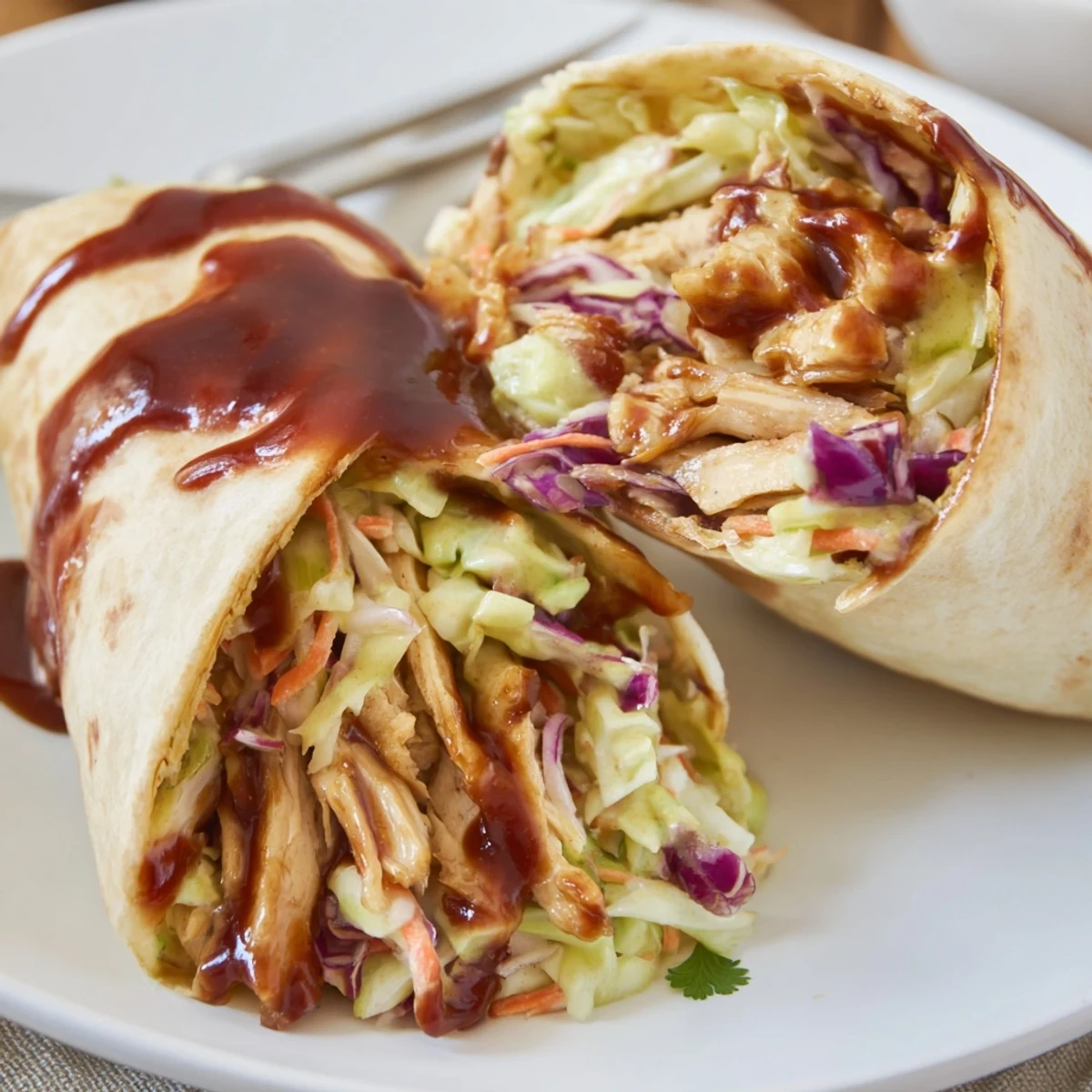 Warm Bbq Chicken Coleslaw Wraps sliced in half, served with pickles.