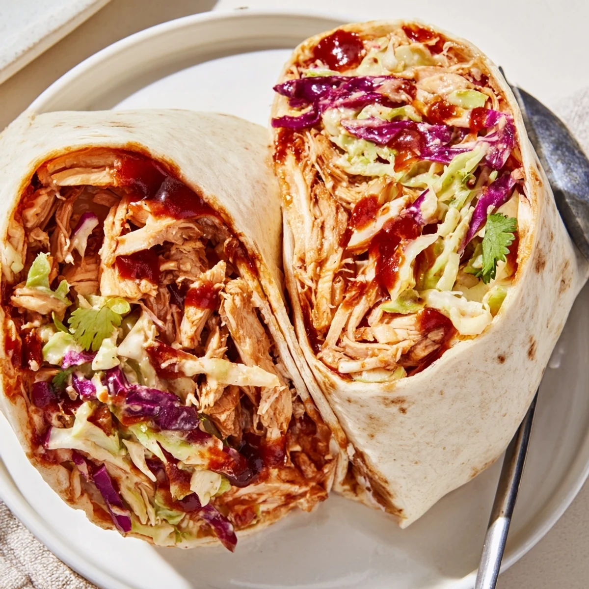 Grilled Bbq Chicken Coleslaw Wraps packed with zesty slaw, fresh herbs, juicy chicken.