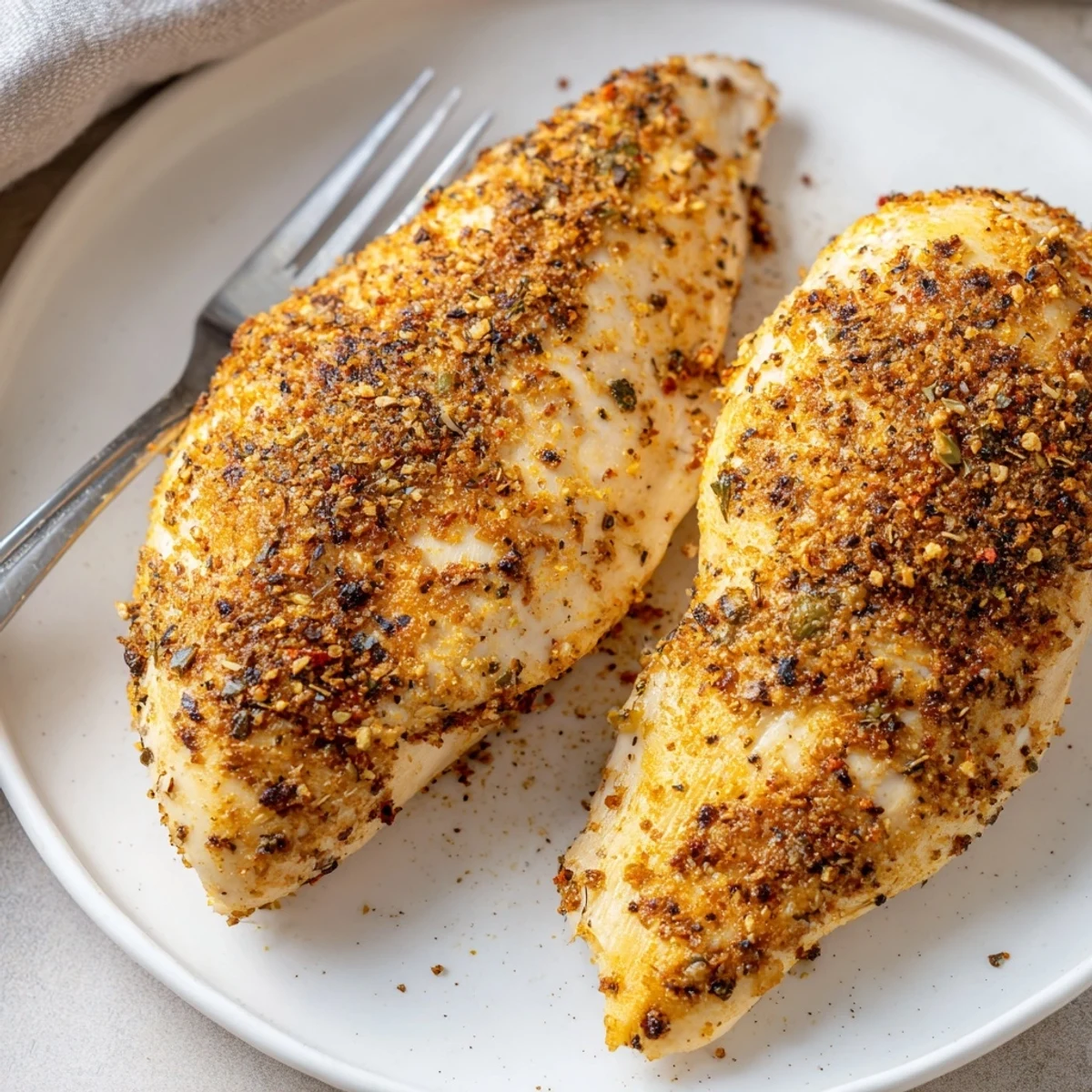 Golden, juicy Air Fryer Chicken Breasts resting on cutting board, sliced.