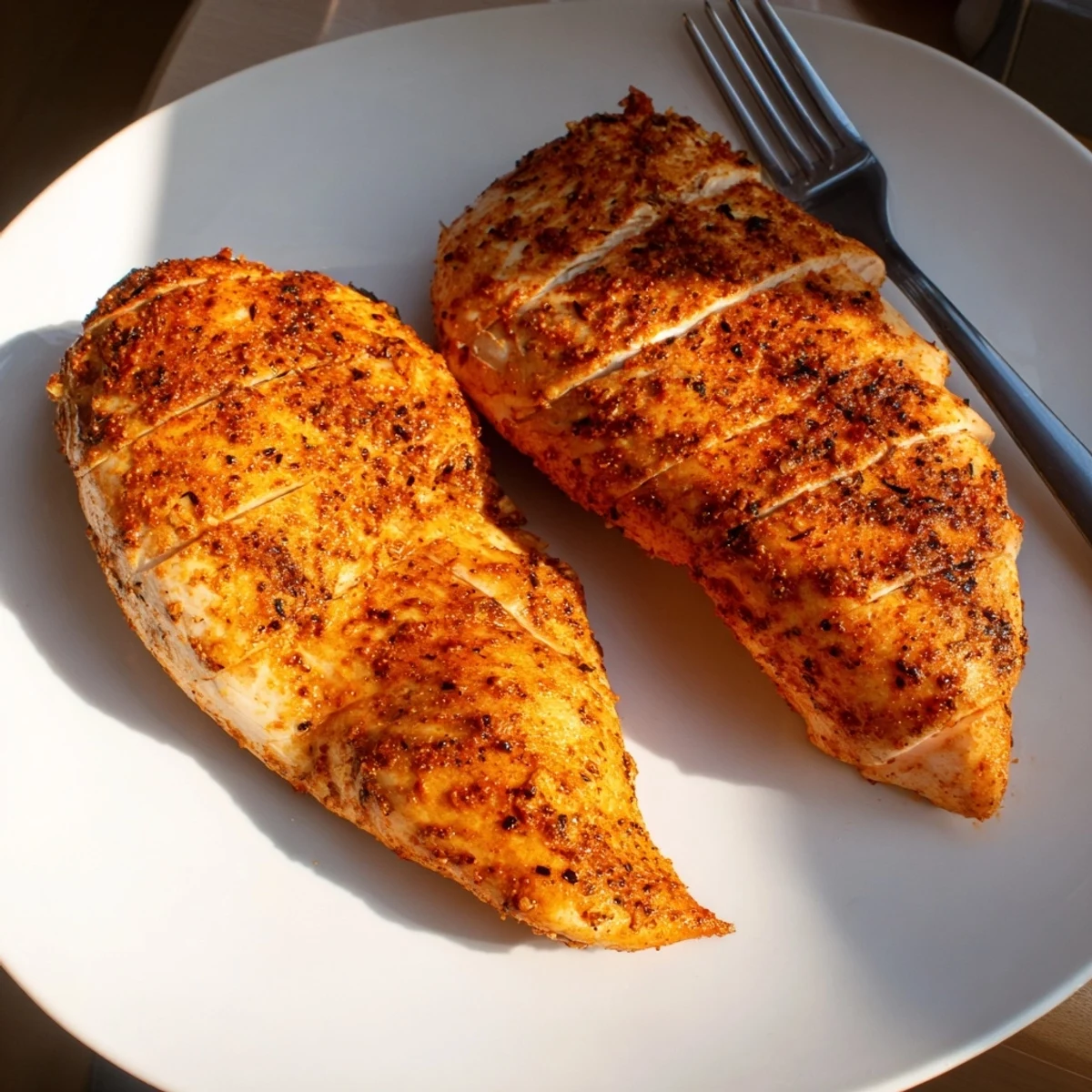 Seasoned Air Fryer Chicken Breasts crisped in basket, ready to serve.