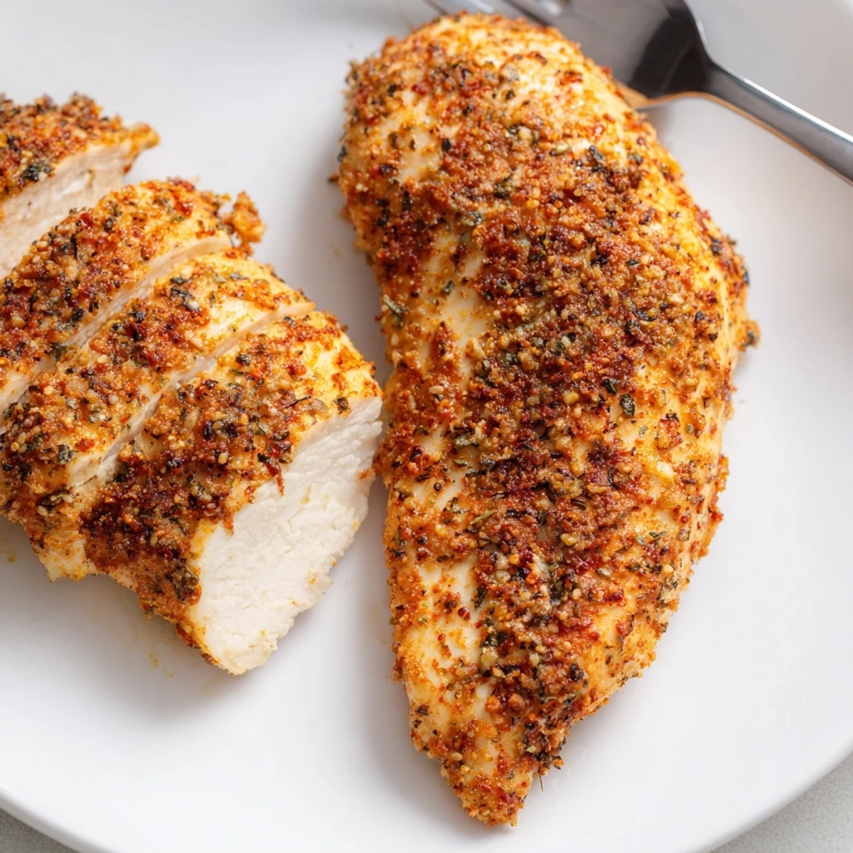 Tender Air Fryer Chicken Breasts plated with steamed vegetables and lemon wedge.