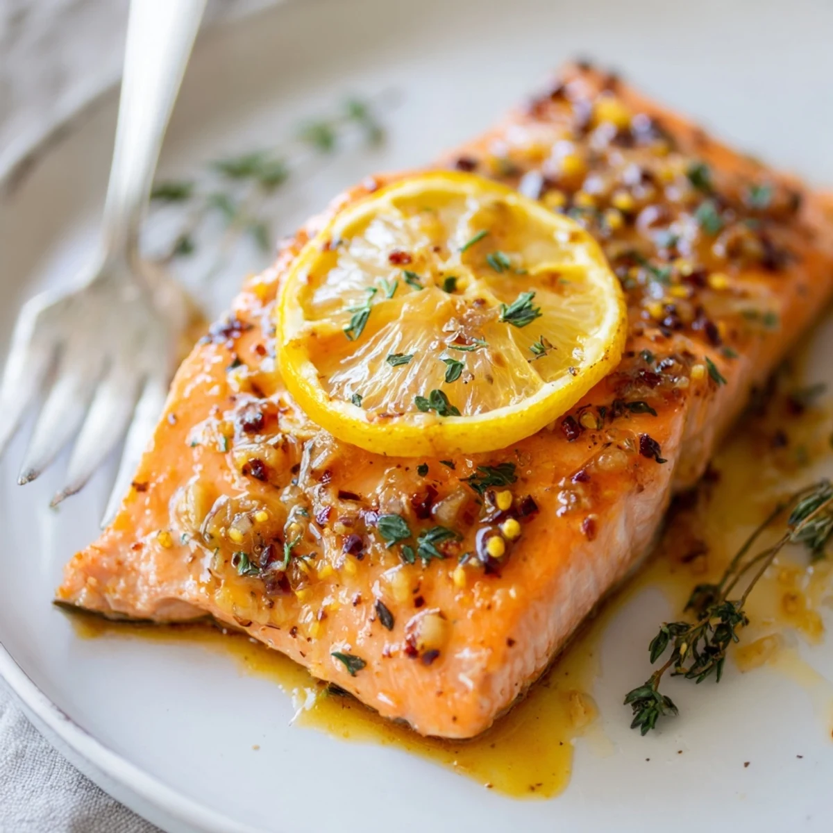 Baked Lemon Dijon Salmon With Garlic glistening with lemon glaze, baked on parchment  