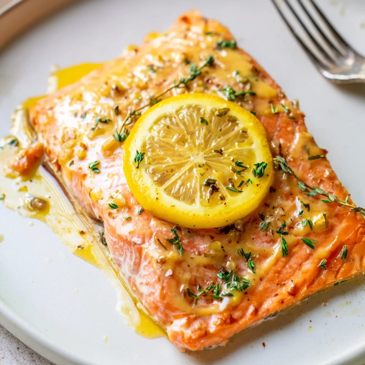 Warm Baked Lemon Dijon Salmon With Garlic topped with parsley, lemon slices  