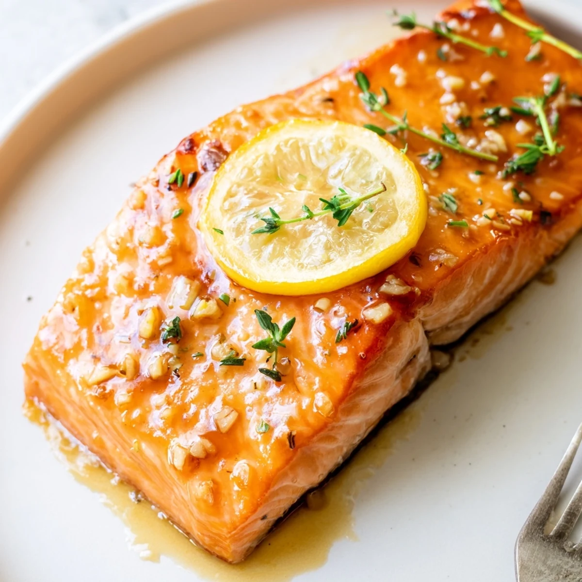 Plate of Baked Lemon Dijon Salmon With Garlic served with steamed vegetables