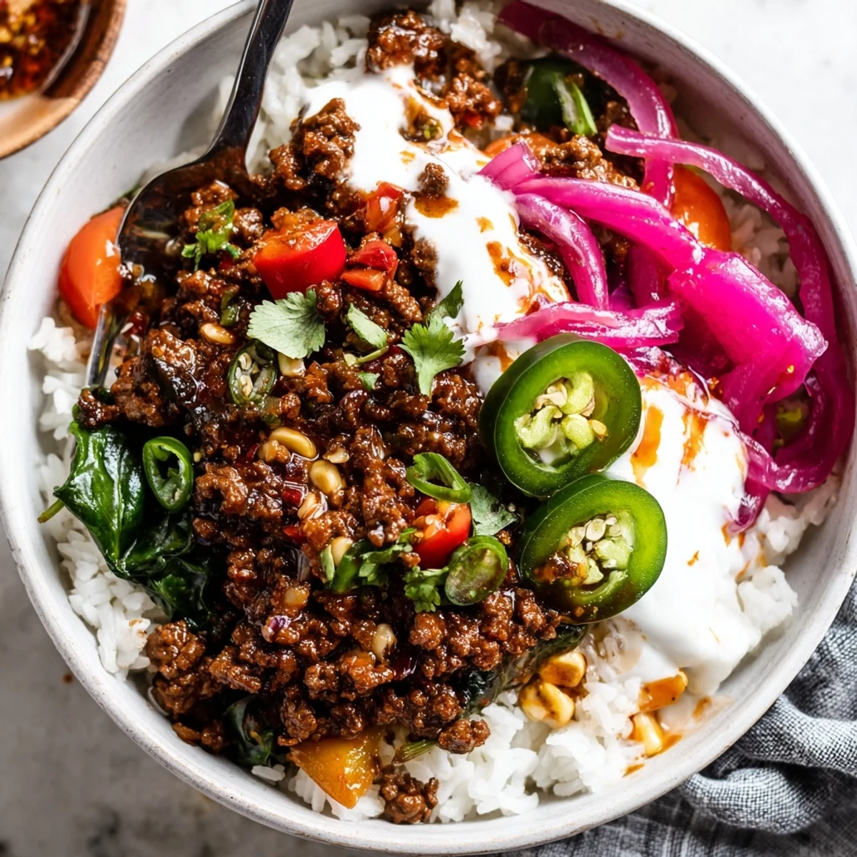 Viral Ground Beef Hot Honey Bowl with sticky spicy glaze over fluffy rice