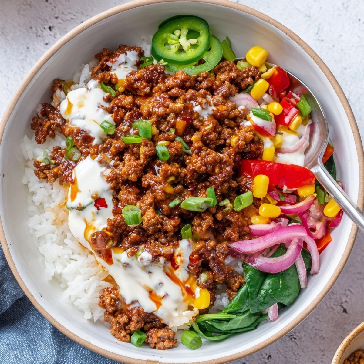 Close up of Viral Ground Beef Hot Honey Bowl garnished with cilantro and jalapenos