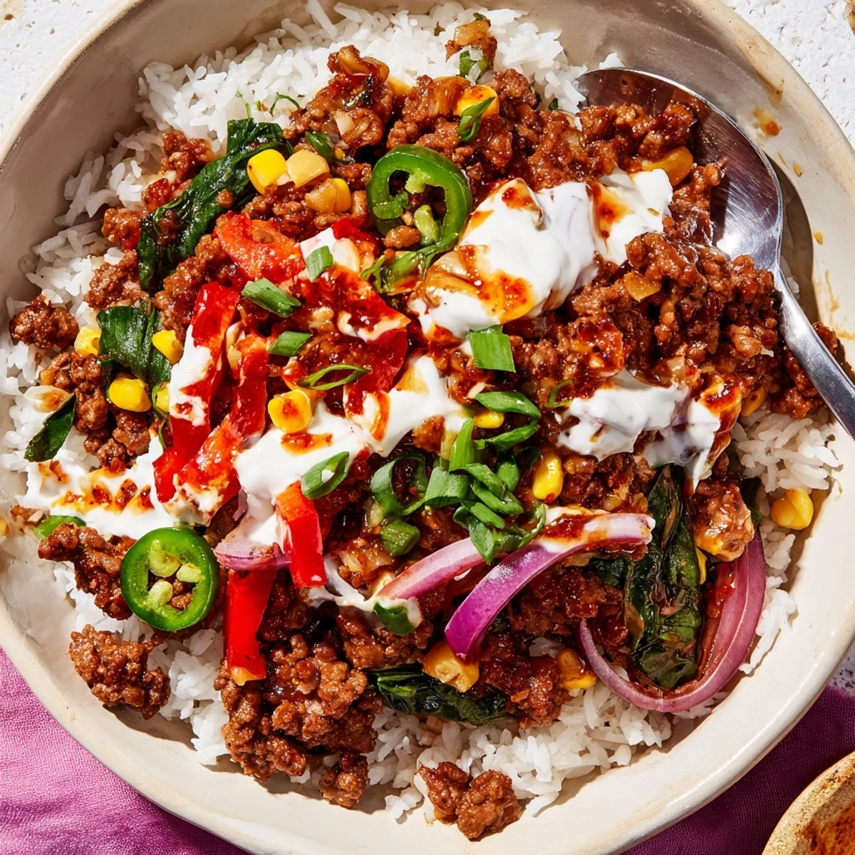 Family style Viral Ground Beef Hot Honey Bowl served steaming with creamy yogurt drizzle