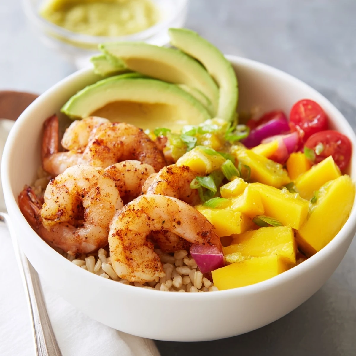 Skillet-seared Shrimp And Avocado Bowls With Mango Salsa Lime Chili Sauce, creamy avocado