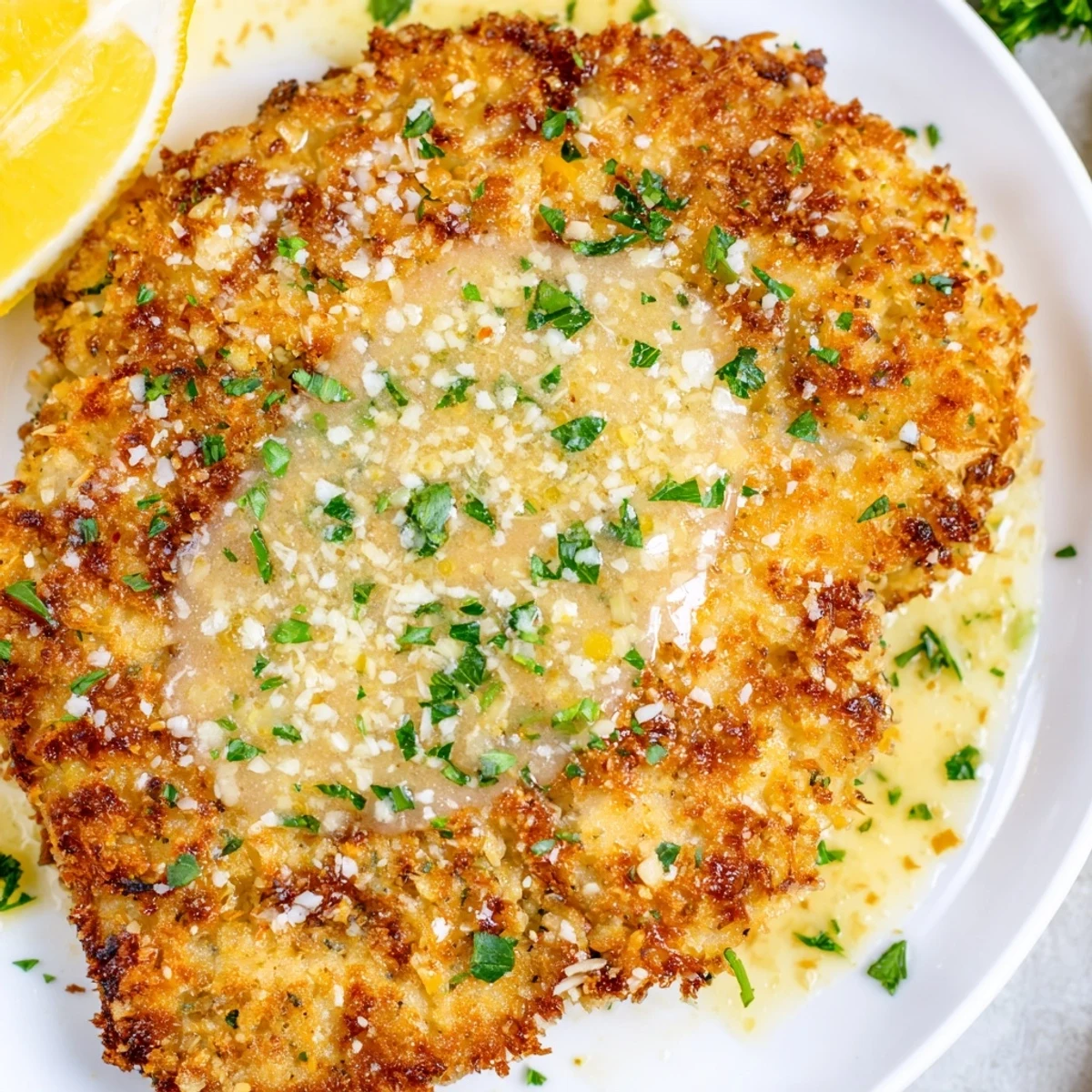 Golden Lemon Chicken Romano Crispy Delight sizzling in skillet, lemon wedges nearby