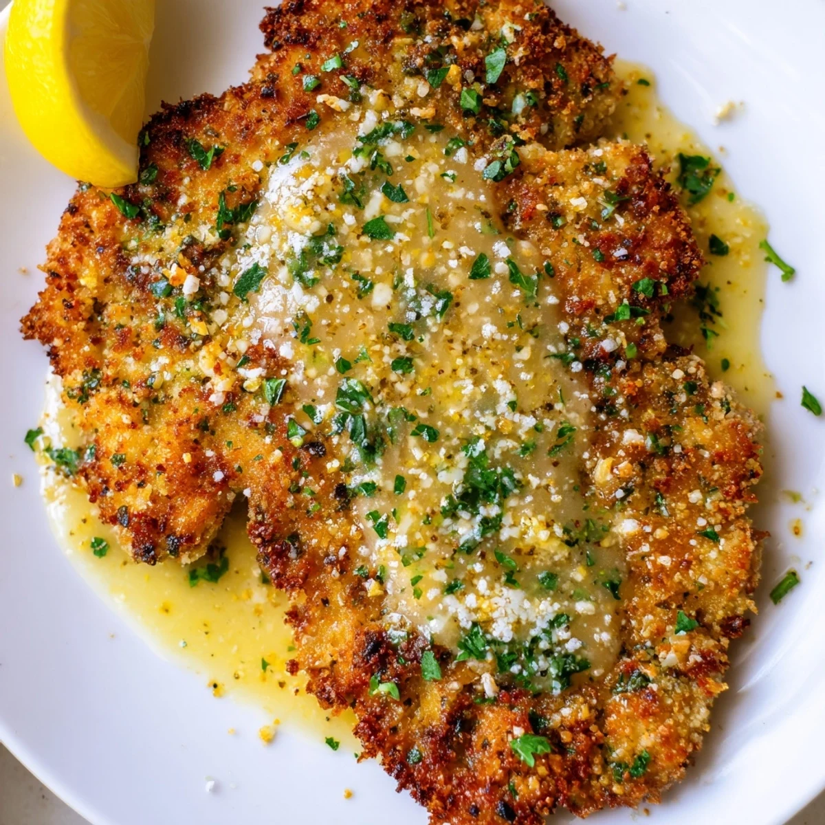 Plated Lemon Chicken Romano Crispy Delight beside buttery pasta, steam rising