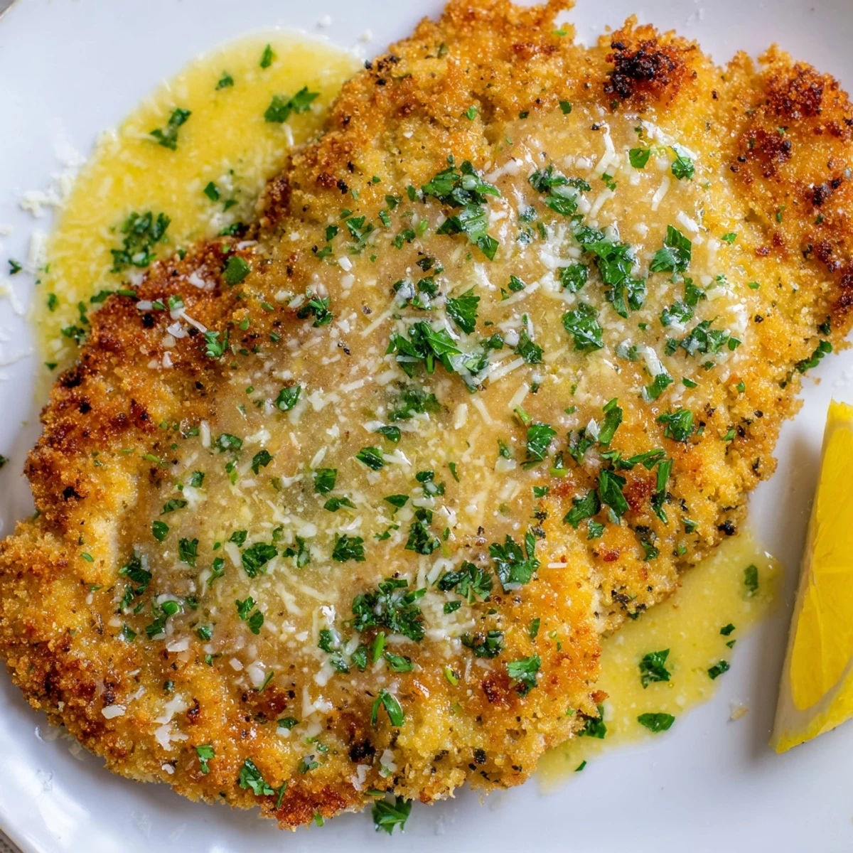 Pan-fried Lemon Chicken Romano Crispy Delight with zesty lemon sauce drizzle