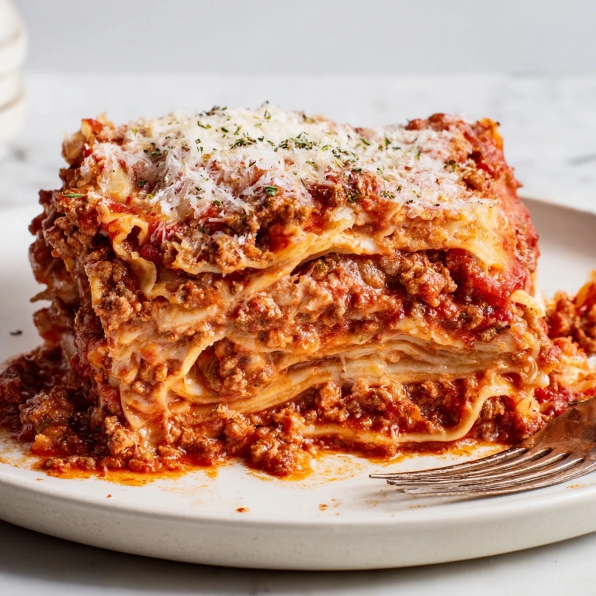 Hearty dinner with garlic bread, steaming slice of Slow Cooker Lasagna.